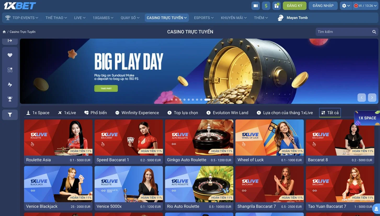 Giao diện phiên bản web casino 1xBet với trò chơi và menu điều hướng